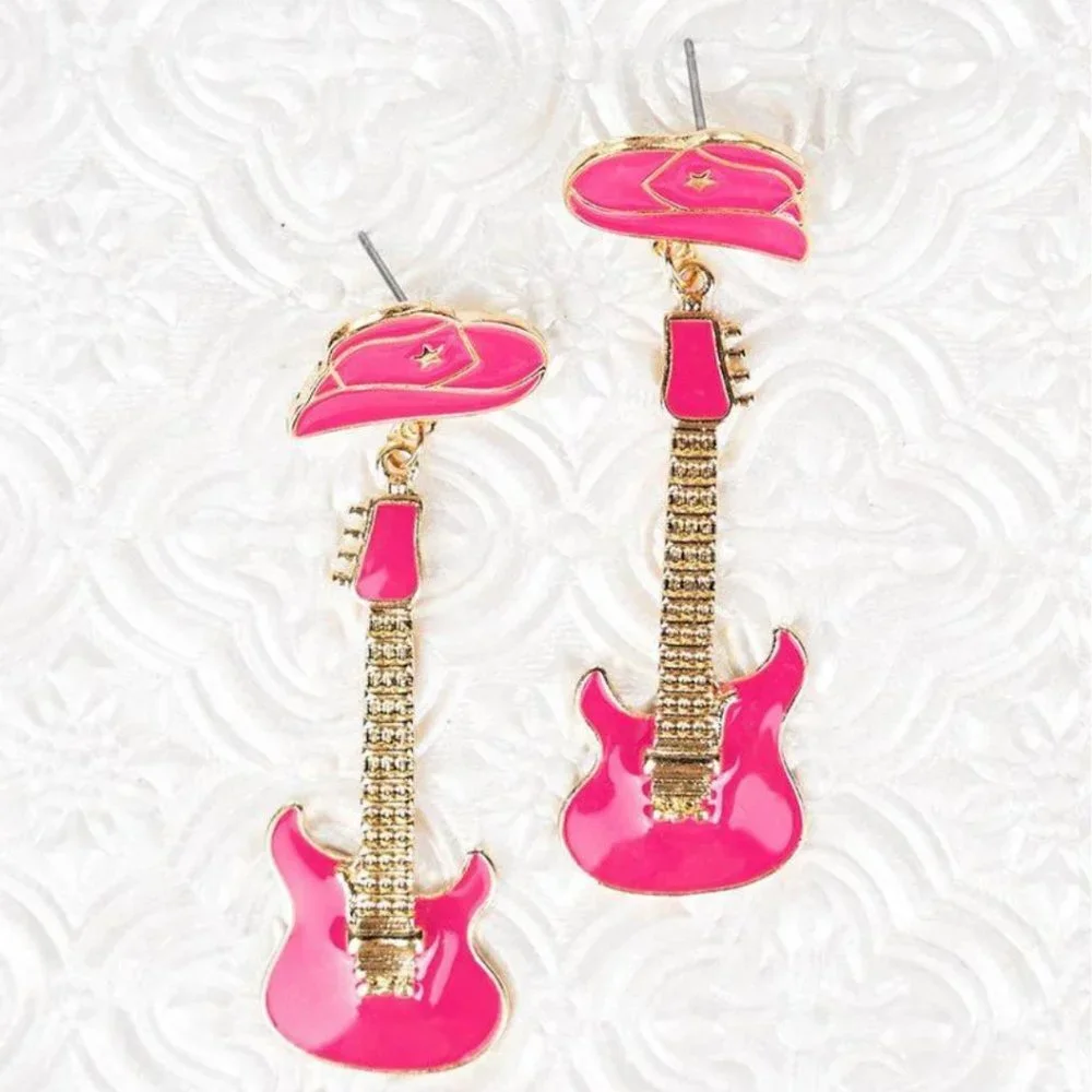 CRYSTAL‎ AVENUE Pink Rock & Roll Cowgirl Guitar Earrings NWT